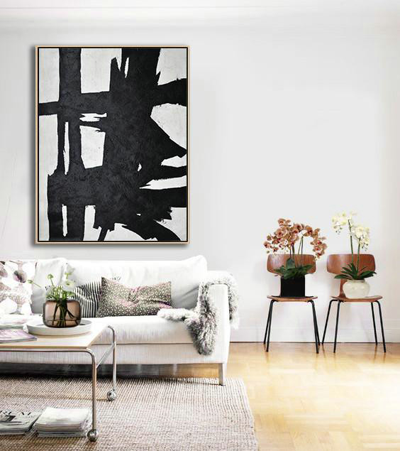 Modern Wall Art,Black And White Minimal Painting On Canvas,Modern Art Oil Painting #W4B0